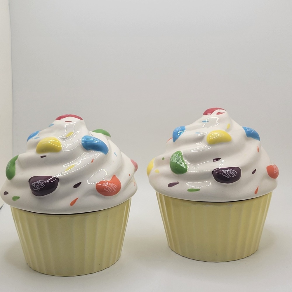 Jelly Belly Cupcake Canister Set Of 2 Ceramic Candy Jar Retro Kitchen Decor